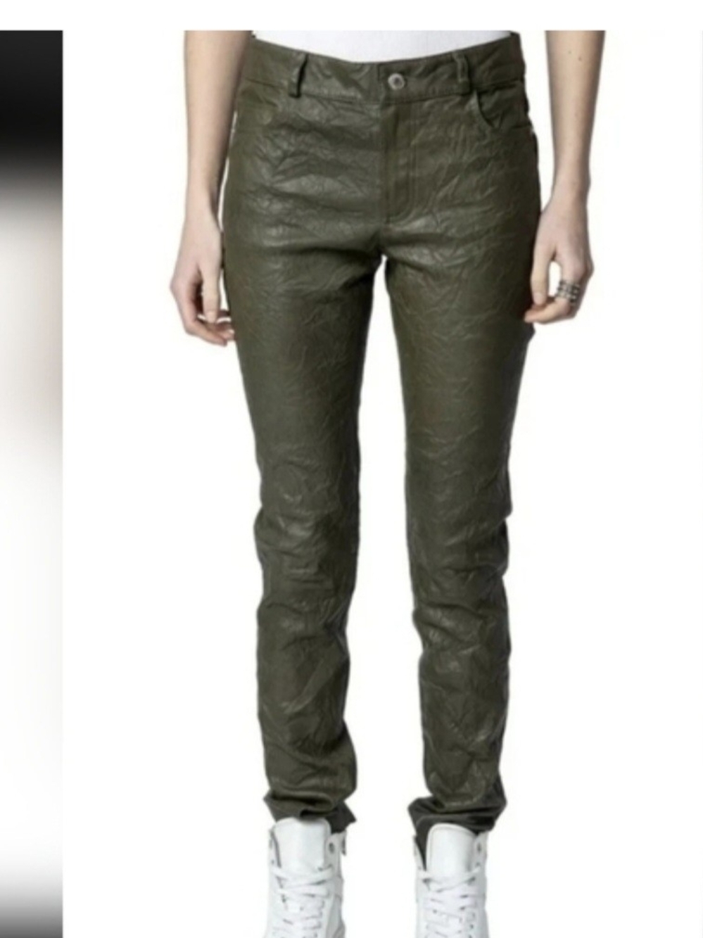 Green Women's Slim Crinkle Lamb Skin Leather Pants